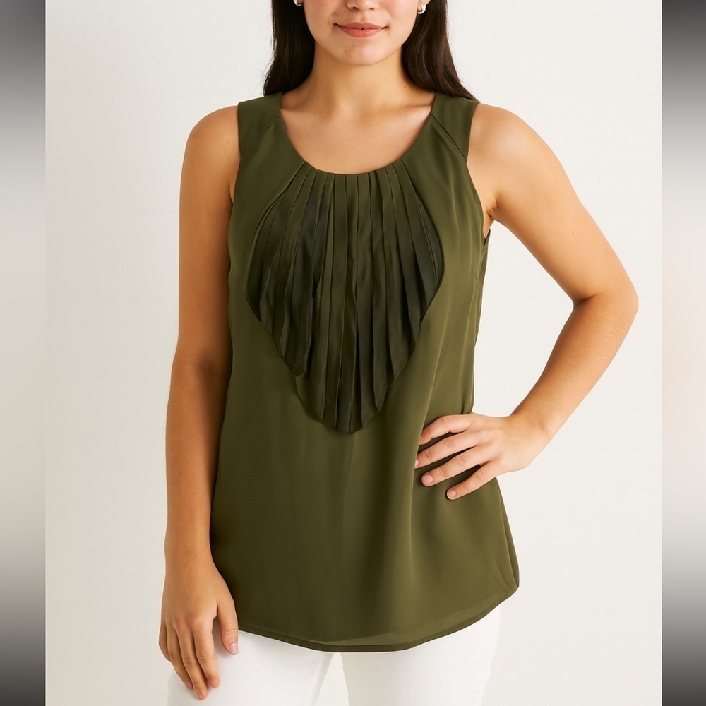 Milano Olive Green Boho Pleated Front Tank Top – Size XL